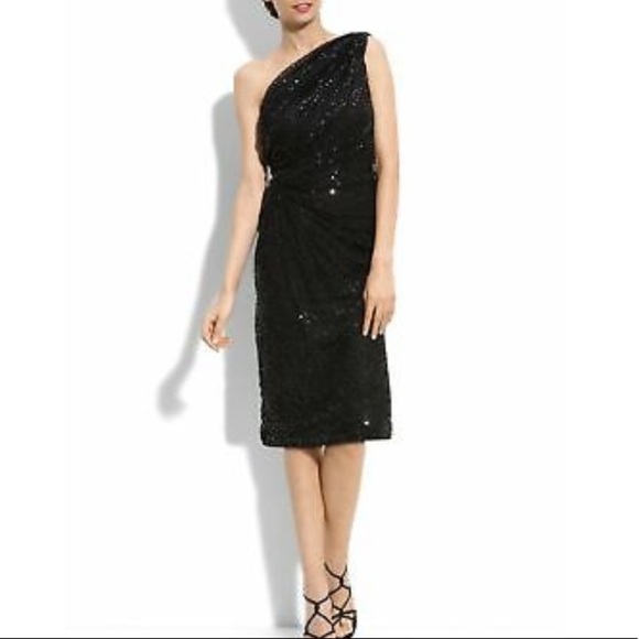 TADASHI SHOJI Black Mesh Sequin One Shoulder Dress size large Holiday New Years - Picture 1 of 10